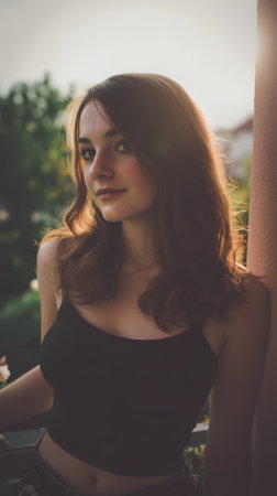 A young woman with auburn hair, wearing a black tank top, poses for a portrait outdoors as the sun sets, casting a warm glow on her face and hair.の素材