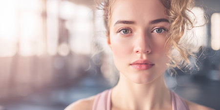 A young woman with curly blonde hair and striking blue eyes looks directly at the camera. She is wearing a pink sports bra and appears to be in a gym or fitness studio, suggesting she is engaged in a workout or has just completed one.の素材