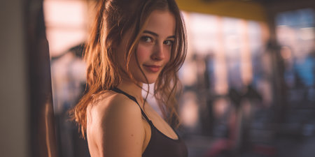 A young woman with long, wavy brown hair tied in a ponytail, wearing a black sports bra, looks over her shoulder with a slight smile. She is in a gym, with blurred exercise equipment in the background. The lighting suggests it might be early morning or late afternoon, casting a warm glow on her skin.の素材