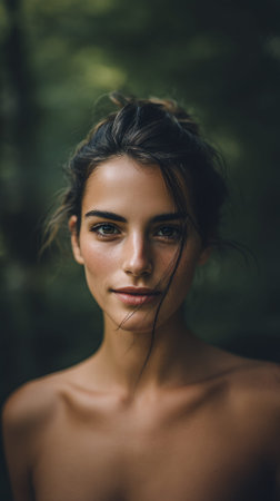 A close-up portrait of a young woman with her hair pulled up, looking directly at the camera with a gentle smile. The background is blurred, suggesting an outdoor setting like a forest or garden.の素材