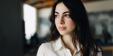 A young woman with long, dark hair and brown eyes looks thoughtfully to the side, wearing a white collared shirt.の素材