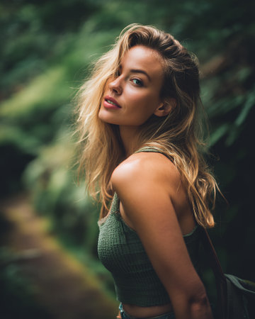 A young woman with blonde hair looks over her shoulder with a slight smile, her eyes are looking towards the camera. She is wearing a green tank top and is outdoors in a natural setting with blurred green foliage in the background.の素材
