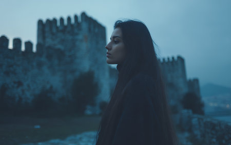 A young woman with long dark hair stands in profile against a backdrop of a stone castle wall under a twilight sky.の素材