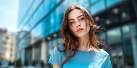 A young woman with long brown hair and blue eyes, wearing a blue dress, stands in front of a modern glass building.の素材