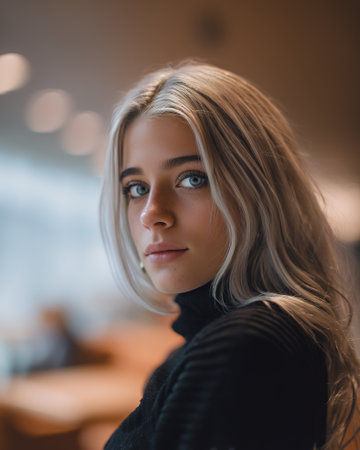 A young woman with blonde hair and blue eyes looks directly at the camera, wearing a black turtleneck sweater.の素材
