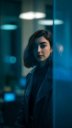 A young woman with dark hair and a nose ring, wearing a black leather jacket, looks directly at the camera. The background is blurred with blue and white lights, suggesting an indoor setting like an office or studio at night.の素材