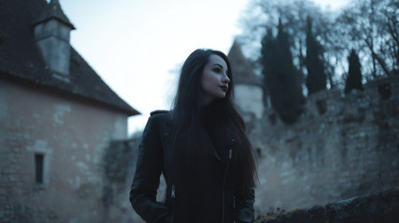 A young woman with long dark hair, wearing a black leather jacket, stands in front of an old stone building and trees. The mood is somber and mysterious, possibly suggesting a scene from a film or a photoshoot.の素材