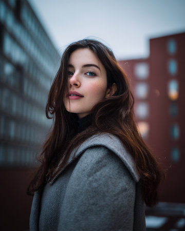 A young woman with striking blue eyes and freckles, wearing a grey coat, poses outdoors with a blurred urban background. Her hair is windswept, and tiny specks, possibly snow or glitter, are visible in it.の素材