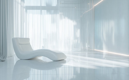 A modern, minimalist white chaise lounge sits on a polished white floor in a bright room with sheer white curtains and a sleek, ribbed wall with a glowing accent light.の素材