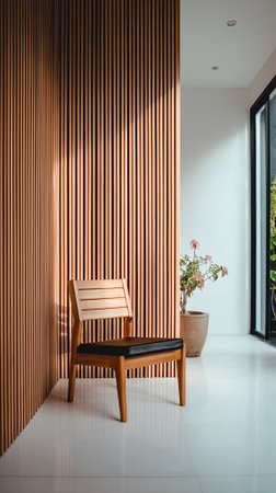 A modern wooden chair with a black seat sits in a minimalist room with a slatted wooden wall and a potted plant.の素材