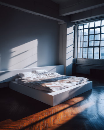 A modern white bed with rumpled white sheets is bathed in sunlight streaming through a large window in a loft apartment.の素材