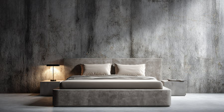 A minimalist bedroom with a concrete wall and a bed with neutral-toned bedding.の素材