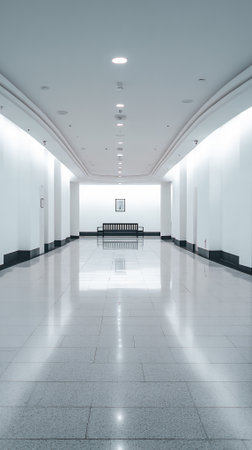 A long, brightly lit hallway with a bench at the far end, suggesting a waiting area or a place for contemplation.の素材
