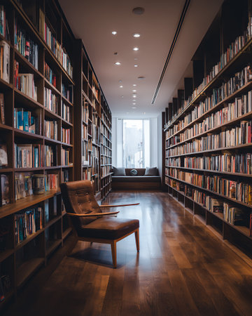 A well-lit, modern library with floor-to-ceiling bookshelves filled with books. A comfortable leather armchair sits in the foreground, inviting readers to relax and delve into a book. In the background, a window offers a glimpse of the outside world, while a built-in bench with cushions provides additional seating.の素材