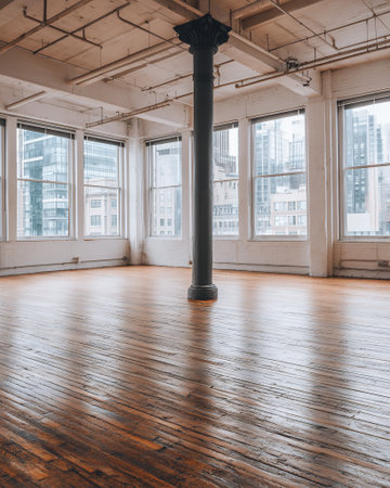 An empty loft apartment with large windows overlooking a city skyline, featuring a central support column and hardwood floors.の素材