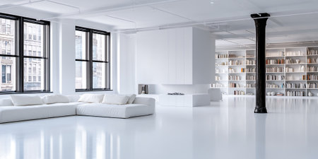 A minimalist white living room with a large sectional sofa, a modern fireplace, and a floor-to-ceiling bookshelf filled with books and decorative items. Large windows offer a view of an urban cityscape.の素材