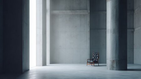A single, ornate armchair sits alone in a vast, minimalist concrete room, bathed in dramatic light from a large opening.の素材