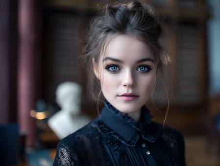 A young woman with striking blue eyes and her hair in a messy bun looks directly at the camera. She is wearing a black lace top with a ruffled collar. The background is blurred, showing hints of a library or study with bookshelves and a bust.の素材