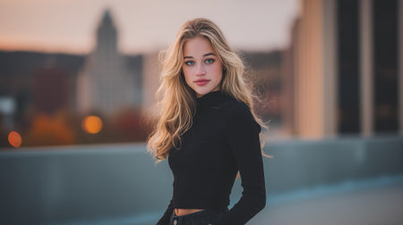 A young woman with blonde hair and blue eyes, wearing a black turtleneck and jeans, poses for a portrait on a rooftop at sunset.の素材