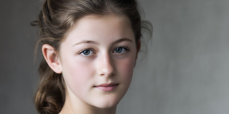 A young girl with blue eyes and brown hair pulled back looks directly at the camera.の素材