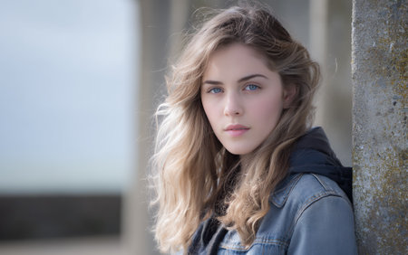 A young woman with striking blue eyes and blonde hair, wearing a denim jacket, poses outdoors with a weathered stone pillar to her right. The background is softly blurred, suggesting a calm and perhaps contemplative moment.の素材