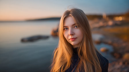 A young woman with long blonde hair and blue eyes poses for a portrait by the water at sunset.の素材