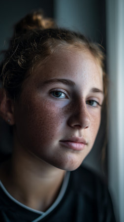 A young girl with freckles looks thoughtfully into the distance.の素材