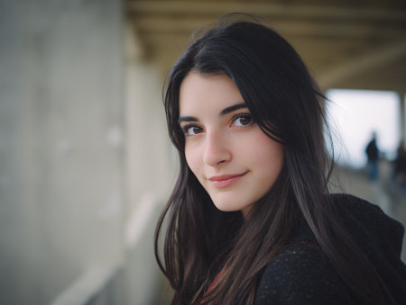 A young woman with long, dark hair and brown eyes smiles gently at the camera. She is wearing a dark, textured jacket. The background is blurred, showing a hint of an outdoor setting with other people in the distance.の素材