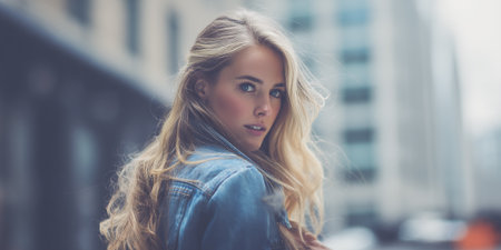 A young woman with blonde hair and blue eyes, wearing a denim jacket, looks over her shoulder as she walks down a city street.の素材