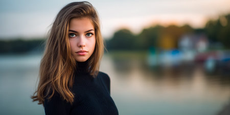 A young woman with long, wavy brown hair and striking green eyes gazes directly at the camera. She is wearing a black turtleneck sweater. The background is softly blurred, showing a body of water with boats and trees, suggesting an outdoor setting, possibly near a lake or river during twilight.の素材