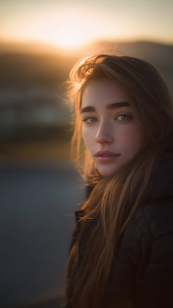 A young woman with freckles and light brown hair looks towards the camera as the sun sets behind her, casting a warm glow on her face.の素材