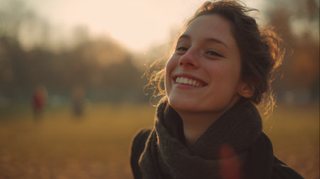 A young woman with freckles smiles broadly as she looks up towards the sun, her hair catching the golden light. She is wearing a dark scarf, and the background is blurred, suggesting an outdoor setting like a park during autumn.の素材