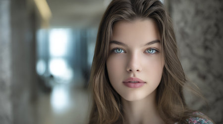 A young woman with striking blue eyes and light brown hair is captured in a close-up portrait. She is looking directly at the camera, her expression neutral. The background is softly blurred, suggesting an indoor setting with natural light filtering in.の素材