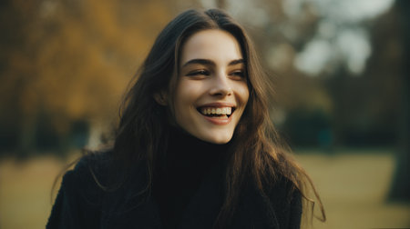 A young woman with long, dark hair and a black turtleneck smiles broadly while looking off to the side. The background is blurred, suggesting an outdoor setting with trees and foliage.の素材
