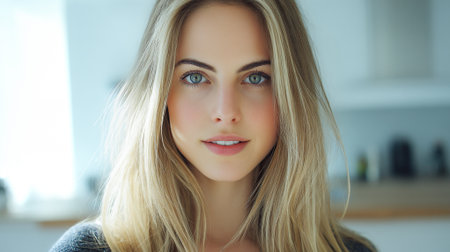 A close-up portrait of a young woman with blonde hair and green eyes, looking directly at the camera with a slight smile.の素材