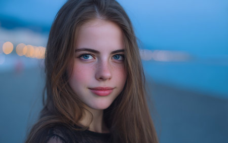 A young woman with striking blue eyes and freckles smiles gently at the camera. She has long, brown hair and is wearing a dark top. The background is blurred, showing bokeh lights and a deep blue sky, suggesting an evening setting, possibly near a body of water or a pier.の素材
