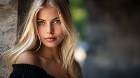 A young woman with blonde hair and striking green eyes looks directly at the camera, her expression serene. She is wearing a black off-the-shoulder top, and her hair cascades around her shoulders. The background is softly blurred, suggesting an outdoor setting with natural light.の素材