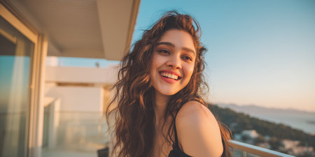A young woman with long, wavy brown hair smiles broadly while standing on a balcony with a view of the sea and hills in the background. The golden hour light illuminates her face and shoulders.の素材