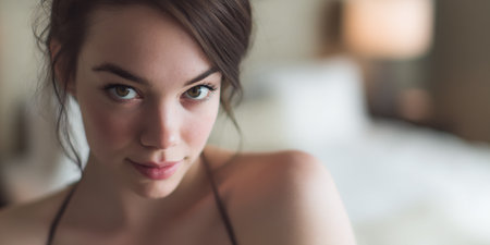 A young woman with brown hair pulled back gazes directly at the camera with a soft smile. The background is blurred, suggesting an indoor setting like a bedroom.の素材