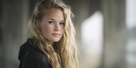 A young woman with long blonde hair and blue eyes looks directly at the camera. She is wearing a black jacket and is standing outdoors with a blurred background of concrete pillars.の素材