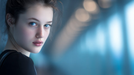 A young woman with striking blue eyes and dark hair pulled back gazes intently into the camera. She is wearing a black top, and the background is a soft blur of blue and white lights, suggesting an indoor, possibly urban, setting. The lighting highlights her features, creating a dramatic and intimate portrait.の素材