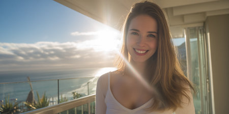 A young woman smiles at the camera on a balcony overlooking the ocean at sunset.の素材