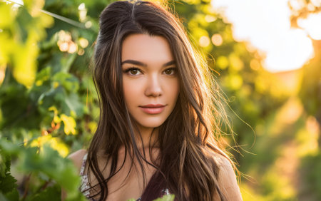 A young woman with long, dark hair is captured in a close-up portrait, bathed in the warm glow of golden hour sunlight. She is positioned amidst lush green foliage, possibly in a vineyard or garden, with soft bokeh lights creating a dreamy backdrop. Her gaze is directed towards the camera, conveying a sense of gentle allure and natural beauty.の素材