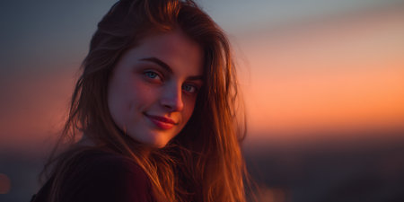 A young woman with striking blue eyes and long, flowing auburn hair smiles gently as the warm hues of a sunset cast a golden glow on her face. The soft light and serene expression evoke a sense of peace and beauty.の素材