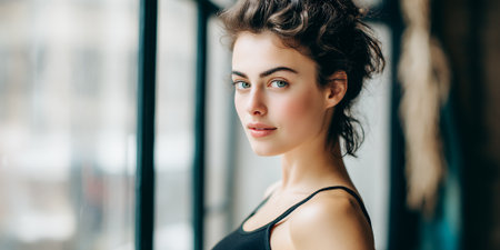 A young woman with curly brown hair and striking blue eyes looks directly at the camera, her expression calm and contemplative. She is wearing a simple black tank top, and the soft natural light coming from a large window illuminates her face, highlighting her features. The background is softly blurred, suggesting an indoor setting, possibly a studio or a home, with hints of vertical blinds or window panes.の素材
