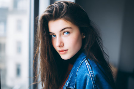 A young woman with striking blue eyes and freckles, wearing a denim jacket, looks thoughtfully towards the viewer. The soft lighting and shallow depth of field create an intimate portrait, suggesting a moment of quiet contemplation or a posed fashion shot.の素材
