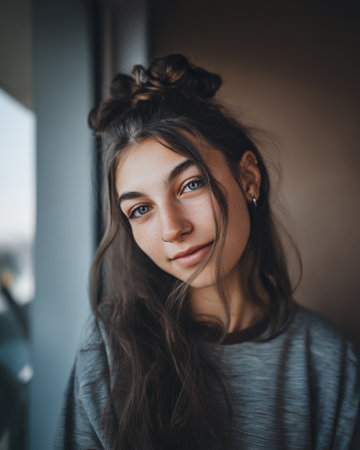 A young woman with blue eyes and freckles, her hair styled in a messy bun, looks towards the camera with a gentle smile. She is wearing a grey t-shirt and has a nose ring and an earring.の素材