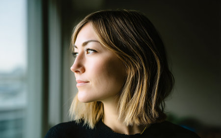 A young woman with blonde hair looks out a window, her face illuminated by natural light.の素材