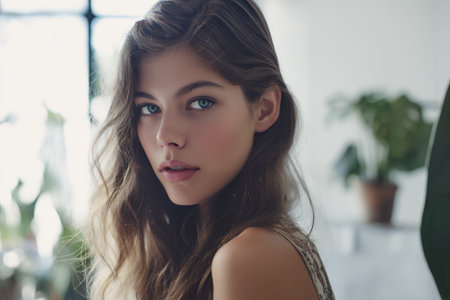 A young woman with striking blue eyes and long, wavy brown hair gazes directly at the camera. She is wearing a patterned top and is positioned in front of a softly blurred background with hints of greenery, suggesting an indoor setting with natural light.の素材