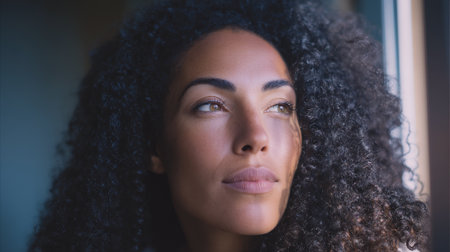A close-up shot of a woman with curly dark hair looking out a window, her face illuminated by soft light.の素材